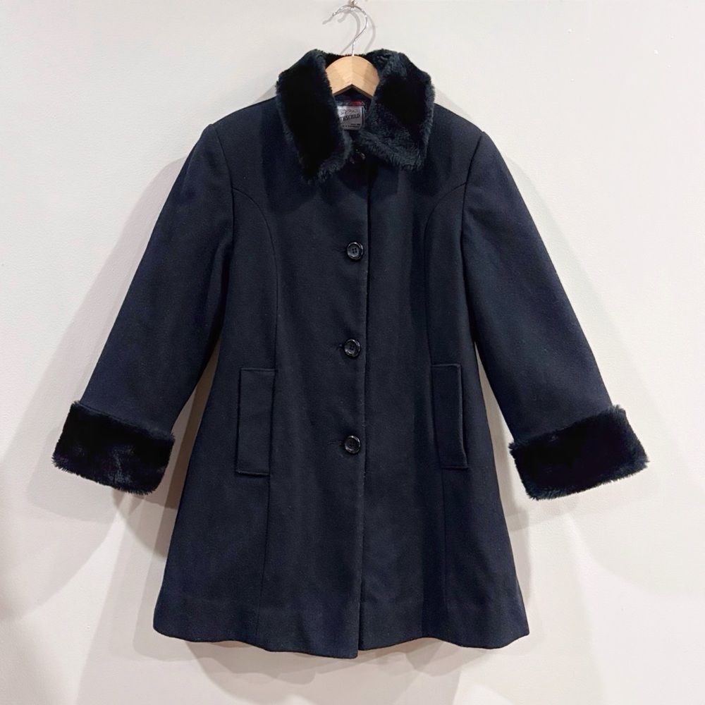 Rothschild Black Wool Blend Faux Fur Trim Coat Girls 8 Holiday Classic Chic